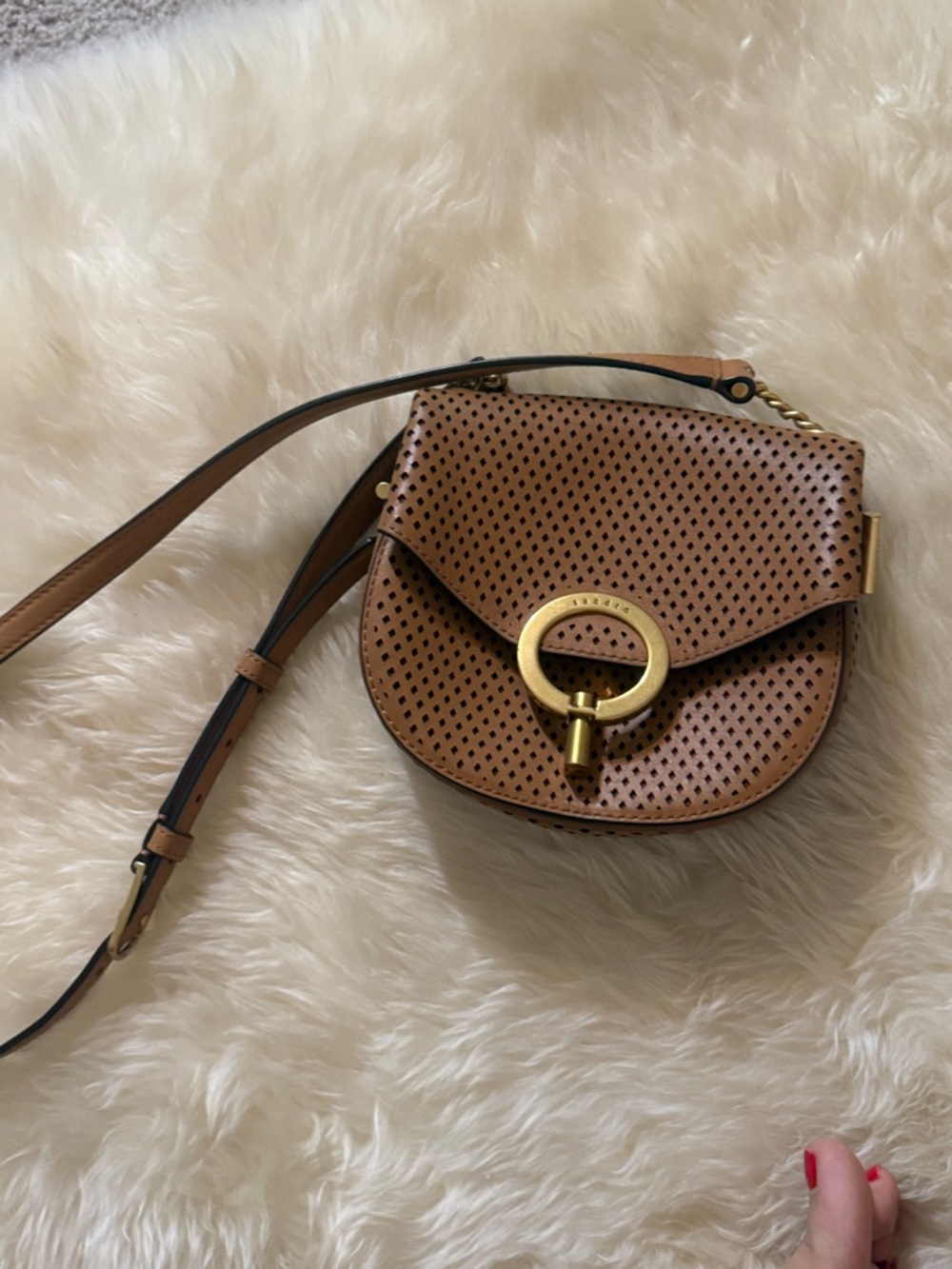 Sandro Yza Perforated Leather Crossbody Bag Camel Tan - Picture 4 of 9